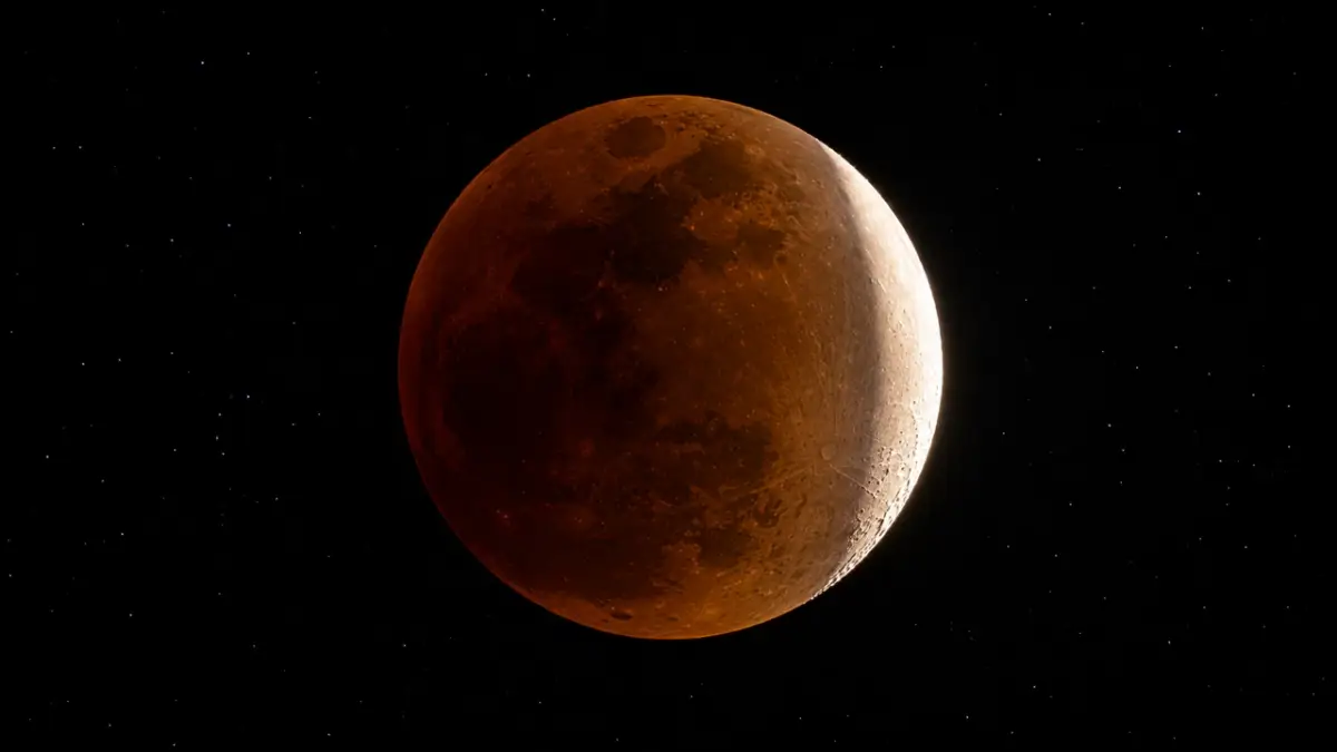 गहरे आंशिक चंद्र ग्रहण में पृथ्वी की छाया से लाल हुआ चंद्रमा और चमकता हुआ पतला किनारा