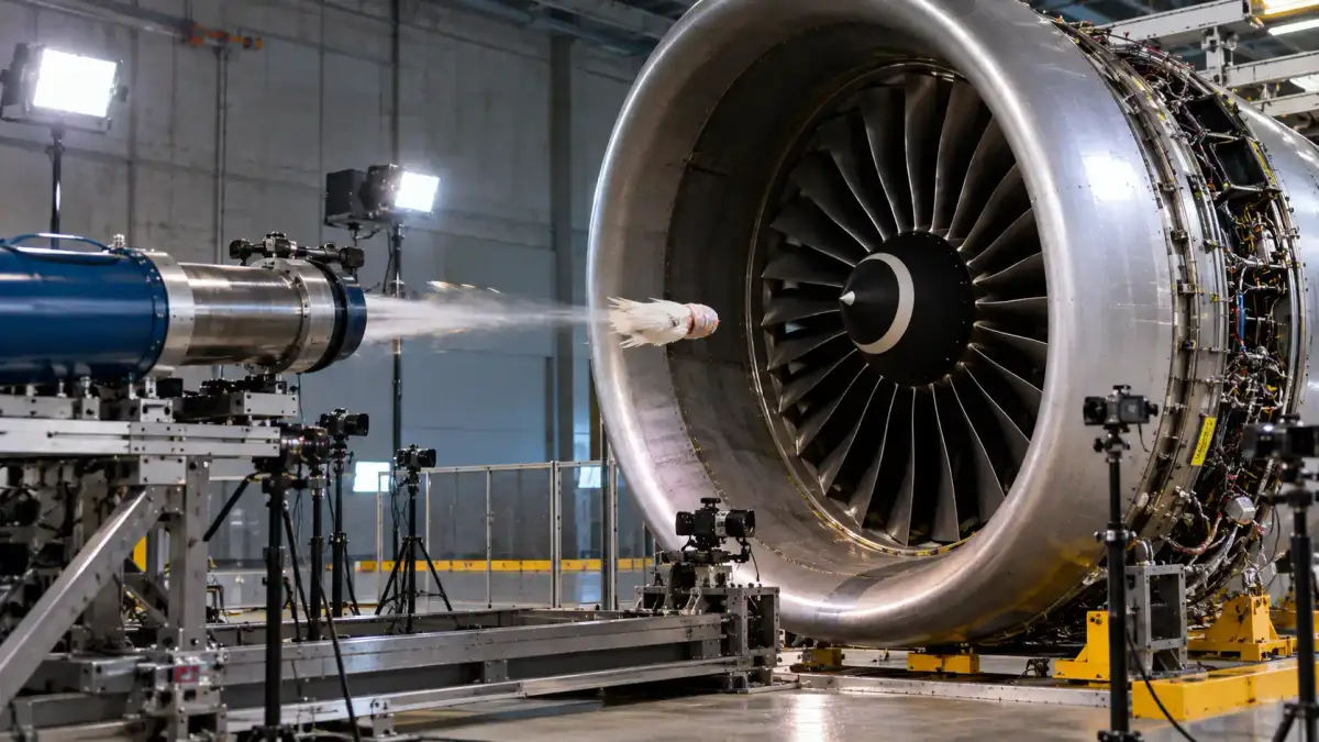 Chicken Gun Test में pneumatic cannon से जेट इंजन के fan पर bird strike impact का परीक्षण