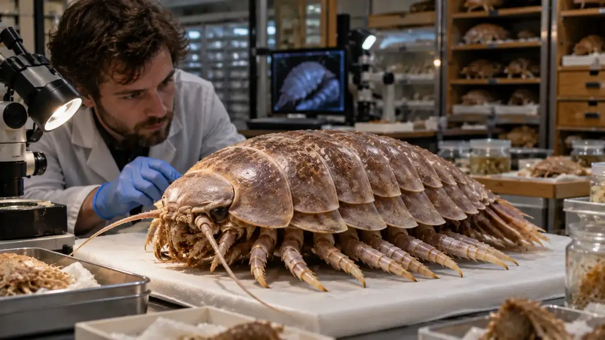 जर्मनी के University of Tübingen के संग्रह में मिले Giant Isopod की नई पहचानी गई प्रजाति Bathynomus tuebingoborikensis का वैज्ञानिक चित्रण।
